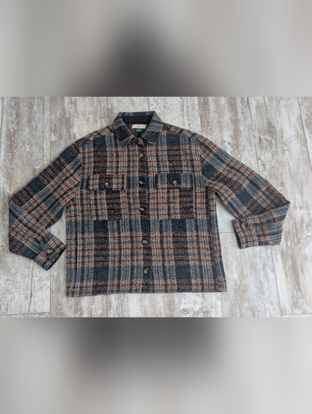 Plaid Button-Front Wool-Blend Shacket in Blue and Brown Unisex Nwot
